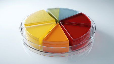 D pie chart with vibrant colors placed on a reflective white surface with clear labelsの素材