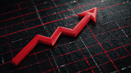 Growth chart with a bold red upward arrow and grid background in a futuristic designの素材