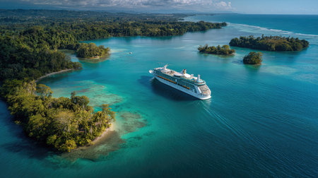 Cruise ship anchored near a small tropical island with lush greenery and white sand beachesの素材