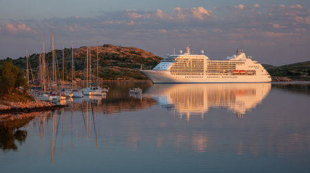 Elegant cruise ship floating near a quiet harbor with reflections on the still waterの素材