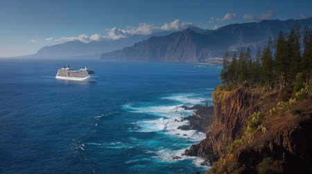 Cruise liner seen from a high cliff viewpoint, sailing peacefully through a coastal passageの素材