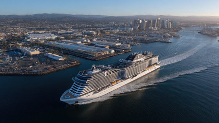 Cruise ship departing from harbor with waves trailing behind, captured from a drone perspectiveの素材