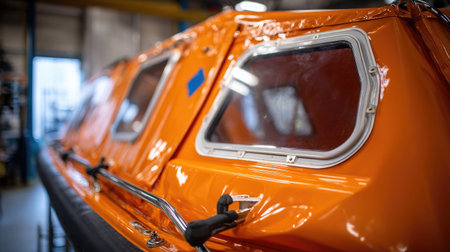 Close-up of a covered lifeboat with visible safety equipment and reflective markingsの素材