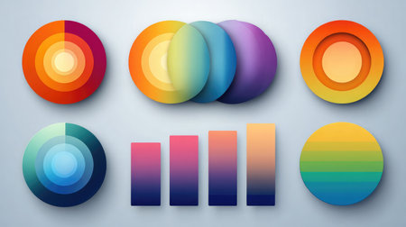 Business infographic with circular diagrams and bar charts on a clean gradient backgroundの素材