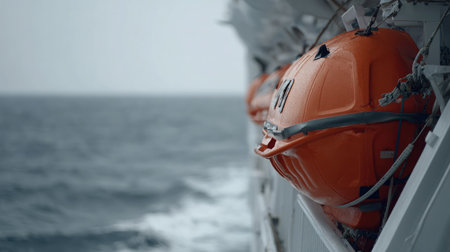 Lifeboat attached to white hull of a ship, calm sea and distant horizon in the backgroundの素材