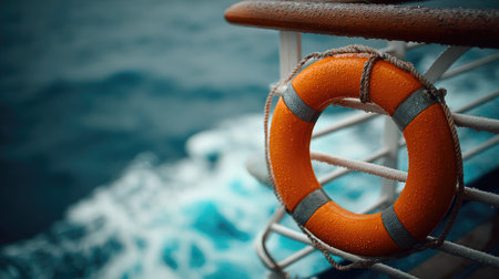 Lifeboat seen through safety railing of a cruise ship with blue sea in backgroundの素材