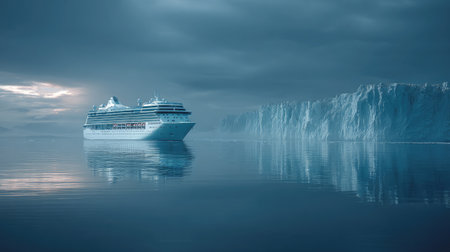 Epic shot of a cruise liner facing a massive glacier in the far north under gray cloudsの素材