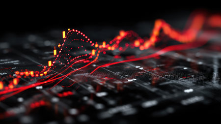 Line graph with dynamic glowing motion trails on a futuristic data dashboardの素材