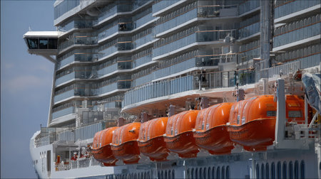 Side view of a massive cruise ship with detailed architecture and lifeboats neatly alignedの素材