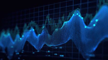 Financial line chart with glowing blue points and a grid pattern in high-tech styleの素材