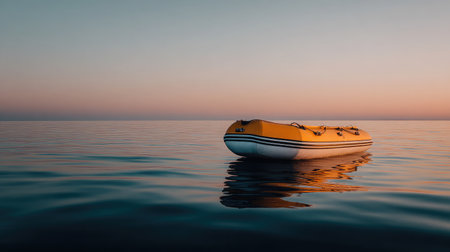 Isolated lifeboat bobbing gently on still ocean, reflecting soft sunset tonesの素材