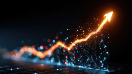 Line chart with data points and a glowing upward arrow on a digital black backgroundの素材