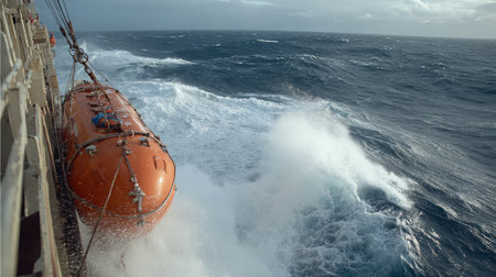Emergency lifeboat secured on a cargo ship with ocean waves in the backgroundの素材