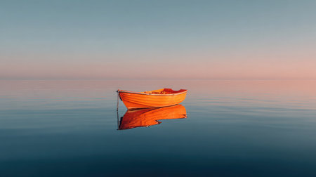 Isolated lifeboat bobbing gently on still ocean, reflecting soft sunset tonesの素材