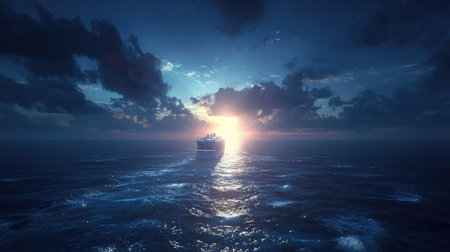Scenic seascape with a lone cruise liner heading toward the sunrise on a glassy ocean surfaceの素材