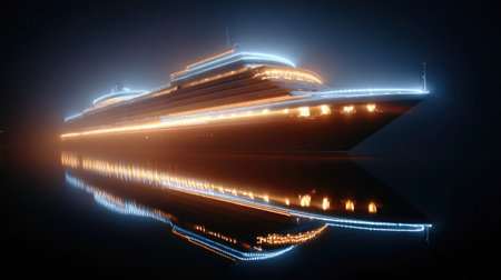 Long-exposure shot of a glowing cruise ship at night, leaving a trail of light in the harborの素材