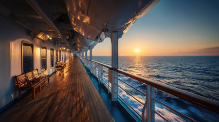 Wide deck of a cruise ship with open sea on all sides, sun shining over the horizonの素材