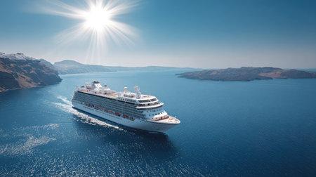 Panoramic view of a cruise ship passing by distant islands with bright sunlight and clear skiesの素材