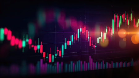 Stock market trend graph with candlestick chart on a dark trading platform interfaceの素材