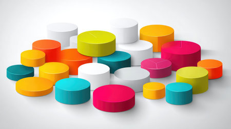 Colorful chart elements floating on a white D background in abstract infographic styleの素材