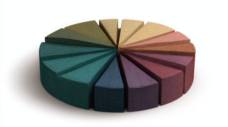 Circular pie chart divided into colorful sections on a digital transparent backgroundの素材