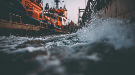 Lifeboat suspended beside ship hull with waves crashing softly beneathの素材