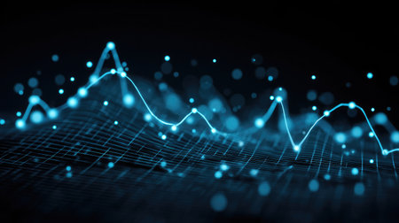 Financial line chart with glowing blue points and a grid pattern in high-tech styleの素材