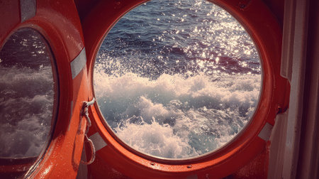 Lifeboat seen from porthole with sparkling ocean waves glistening in sunlightの素材