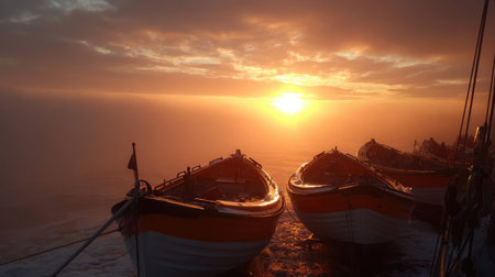 Pair of lifeboats aligned on deck, sea spray mist in air and sun rising over horizonの素材