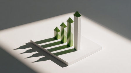 Stylized growth chart with green arrows and shadowed bars over white minimal surfaceの素材