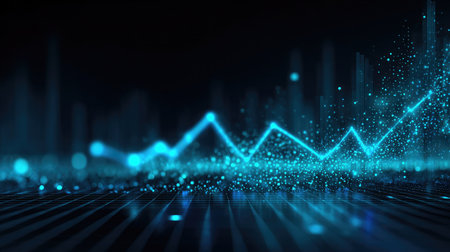 Financial line chart with glowing blue points and a grid pattern in high-tech styleの素材