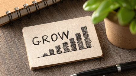 Minimalist chart showing business growth trends printed on paper beside a pen and notebookの素材