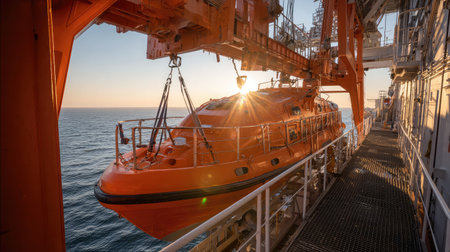 Lifeboat cradled in davits with bright sun flare and endless sea behindの素材