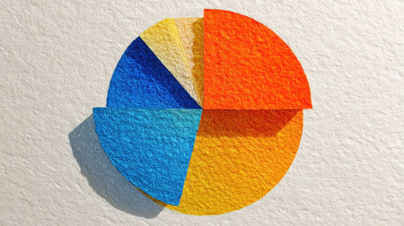 Pie chart with texture shadows and bright segment colors on white glossy paperの素材