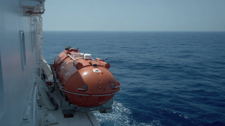 Lifeboat attached to white hull of a ship, calm sea and distant horizon in the backgroundの素材