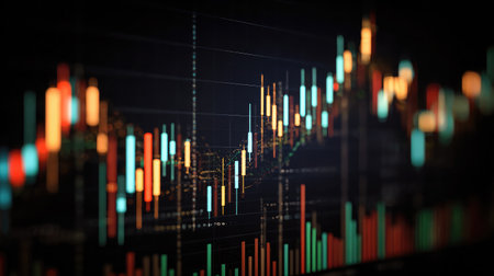 Stock market trend graph with candlestick chart on a dark trading platform interfaceの素材