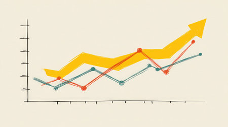 Simplified line chart with high contrast elements and a clean arrow showing progressの素材