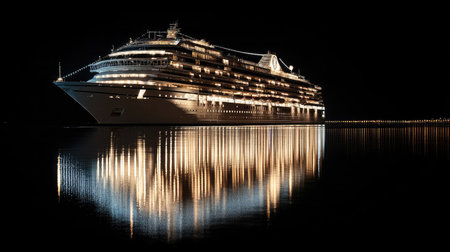 Night shot of a cruise ship lit up with bright lights, reflecting beautifully on the dark ocean surfaceの素材