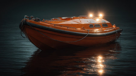 Emergency orange lifeboat floating on dark water with minimal ripples and soft lightingの素材