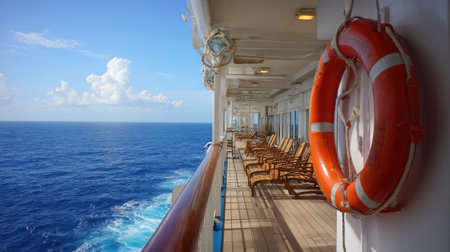 Lifeboat mounted beside empty deck chairs on cruise ship with deep blue ocean in viewの素材