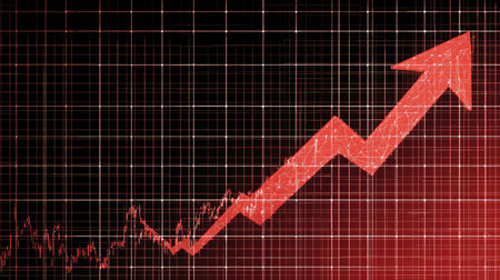 Growth chart with a bold red upward arrow and grid background in a futuristic designの素材