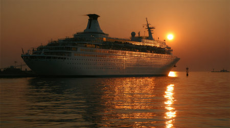 Sunset behind a cruise liner anchored just offshore, casting long golden reflections on waterの素材