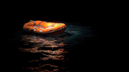 Emergency orange lifeboat floating on dark water with minimal ripples and soft lightingの素材