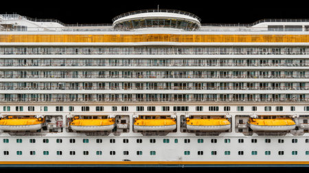 Side view of a massive cruise ship with detailed architecture and lifeboats neatly alignedの素材