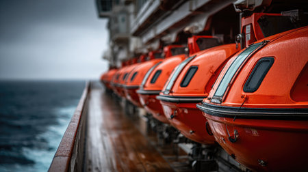Row of lifeboats mounted on cruise ship, shot from deck level with horizon visibleの素材