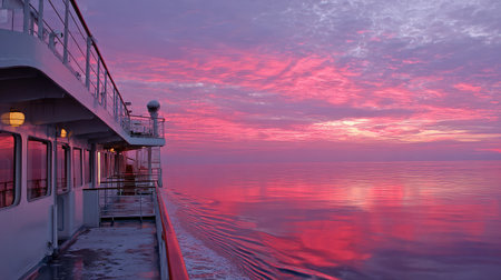 Vibrant sunrise reflecting off the cruise ship hull as it sails peacefully through open watersの素材