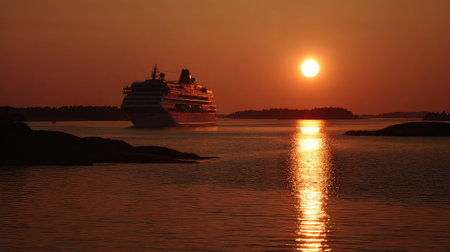 Sunset behind a cruise liner anchored just offshore, casting long golden reflections on waterの素材