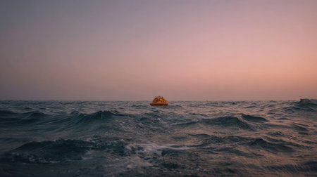 Orange lifeboat floating solo in vast open sea under soft pastel sky during golden hourの素材