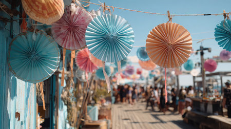 Decorative summer fans and streamers swaying gently above a wooden boardwalkの素材