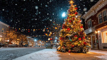 Glittering Christmas tree decorated with ornaments and golden lights in a snowy town square at nightの素材